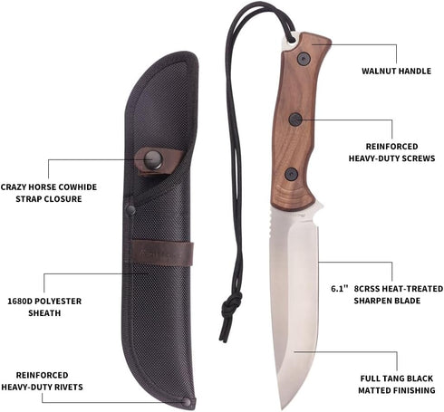 Fixed Blade Bushcraft Knife with Sheath, 8CR Full Tang Camping Hunting Knife with Wooden Handle