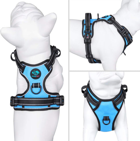 PHOEPET Reflective Dog Harness No Pull Vest for Large Breed, 2 Metal Leash Attachment Hooks, Blue (L)
