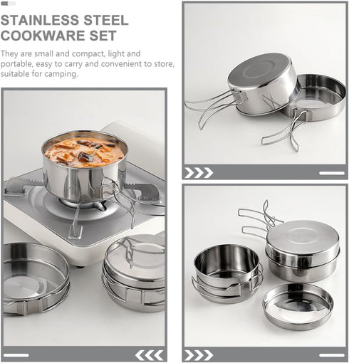 Set Set Backpacking Toyvian Outdoor Camping Cookware Stainless Steel Pot Pan Foldable Handle Portable Cooking Kit