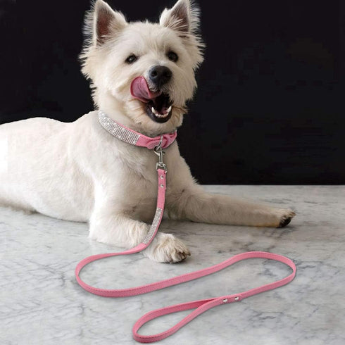 Rhinestone Bling Leather Dog Cat Collar & Leash Set, Crystal Diamonds Studded Cute Bowknot for Small Dogs