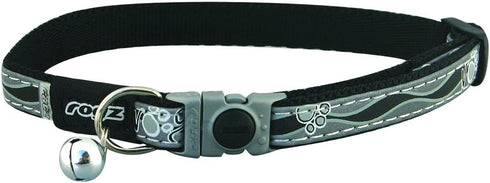 Rogz Reflective Cat Collar, Black Paw Design, Breakaway Clip, Removable Bell, Adjustable for Most Breeds