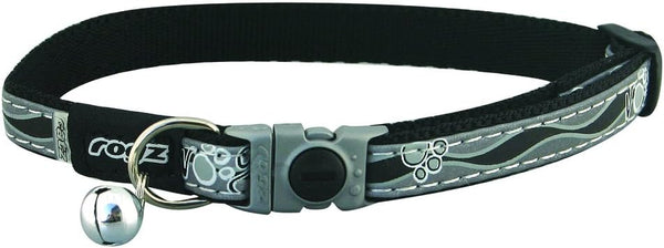 Rogz Reflective Cat Collar, Black Paw Design, Breakaway Clip, Removable Bell, Adjustable for Most Breeds