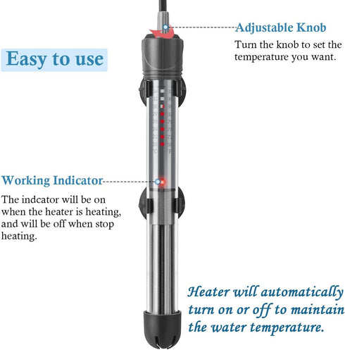 HITOP Adjustable Aquarium Heater, 25W 50W 100W 200W 300W, Submersible Fish Tank Thermostat with Suction Cups