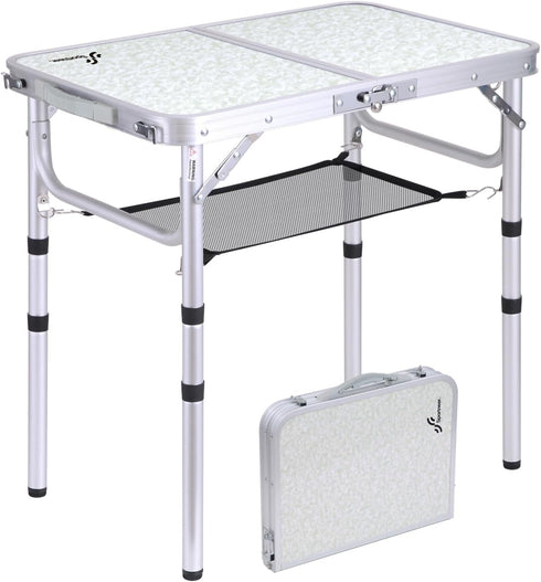 Sportneer Portable Folding Camping Table, Adjustable Height, 23.6" L x 15.7" W, with Mesh Layer for Outdoor Use
