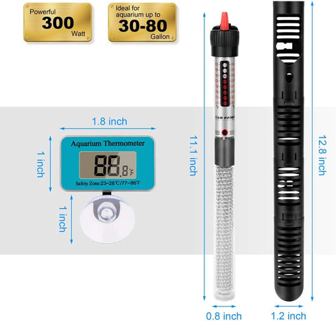 Aquarium Heater 300 Watt Submersible, Adjustable Temperature with Diving Thermometer and Protective Case