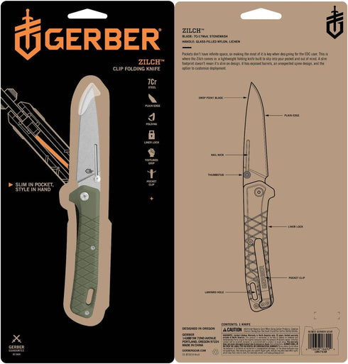 Gerber Gear Zilch Pocket Knife - Folding Knife with 3.1" Plain Edge Blade, EDC Gear, Lichen Green