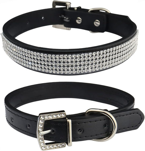 THAIN Basic Adjustable Dog Cat Collar, Bling Rhinestones, PU Leather with Rhinestones Buckle, Black, L (Length 15"-18")