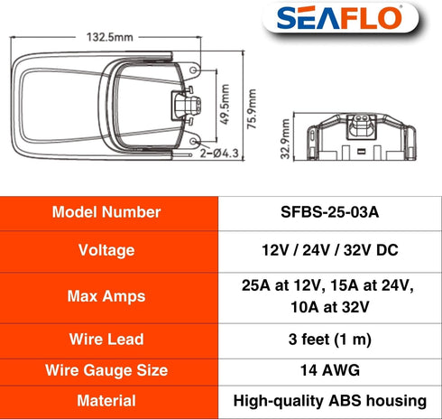 SEAFLO Heavy-Duty Float Switch - 12V, 24V, 32V, Mercury-Free with 25 Amp Capacity and 4-Year Warranty
