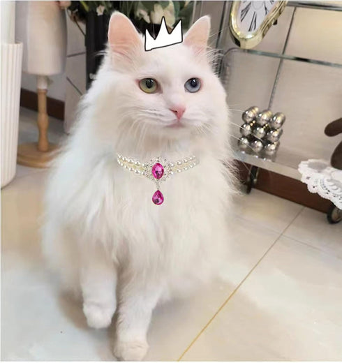 2 Row Pearls Collar for Cats, Rhinestone Necklaces for Small Dogs, Pearl Collar Accessories (Medium, Rosy)