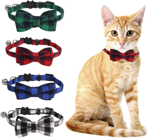 SLSON 4 Pack Cat Collars Breakaway with Bell, Cute Bowtie for Pet Kittens and Small Dogs, Adjustable 8-11In (Plaid)