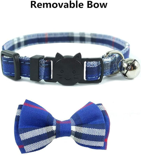 THAIN Cat Collar with Breakaway Safety Buckle, Bell and Bow Tie, Adjustable 7-11 inches, Blue Plaid Pattern for Kittens