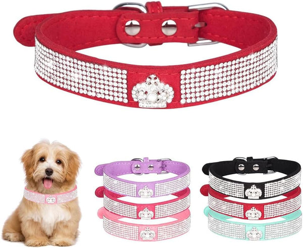 Small Dog Collar with Crown Rhinestone, Glitter Crystal Bling Sparkly Diamond Collar for XXS XS Small Medium Dogs (Red,