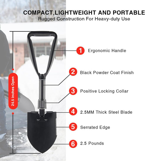 Heavy Duty 24.5" Collapsible Shovel - Foldable Camping Shovel and Pickax, Military Entrenching Tool for Outdoor Use