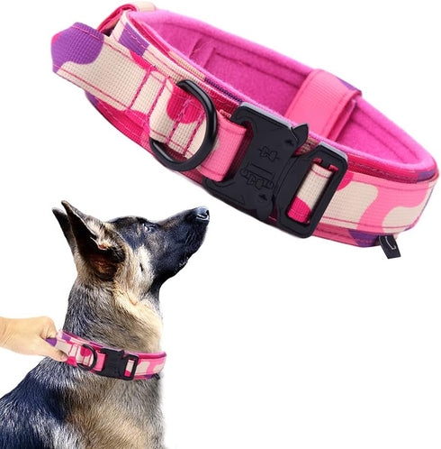 Tactical Dog Collar, Military Adjustable Nylon Dog Collar with Heavy Duty Metal Buckle (Pink Camo, M)