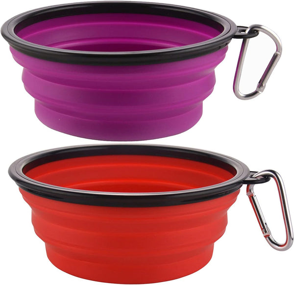 Large Collapsible Dog Bowls, 34oz Portable Travel Water Food Bowls with Carabiner Clip, 2 Pack (Purple + Red)