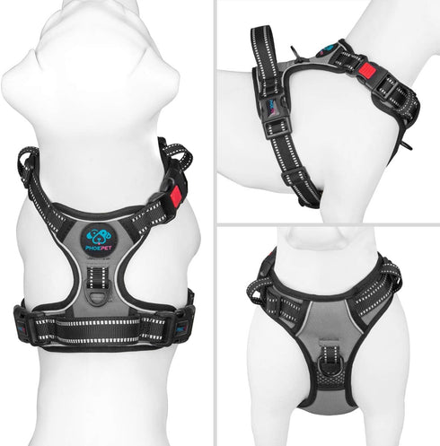 PHOEPET No Pull Dog Harness, Medium Reflective Front Clip Vest with Handle, Adjustable 2 Metal Rings