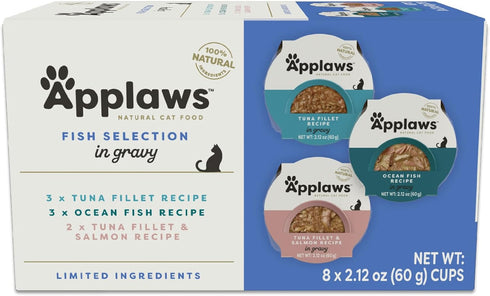 Applaws Natural Wet Cat Food, 8 Count, Limited Ingredient Fish Selection in Gravy, 2.12oz Pots