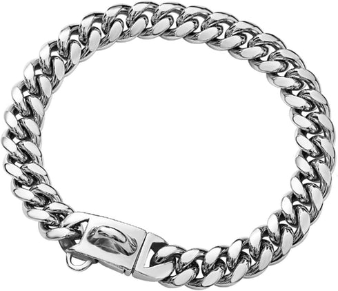 Strong Stainless Steel Silver Metal Dog Collars with Secure Buckle - 14MM Cuban Lock Link Chain for Training