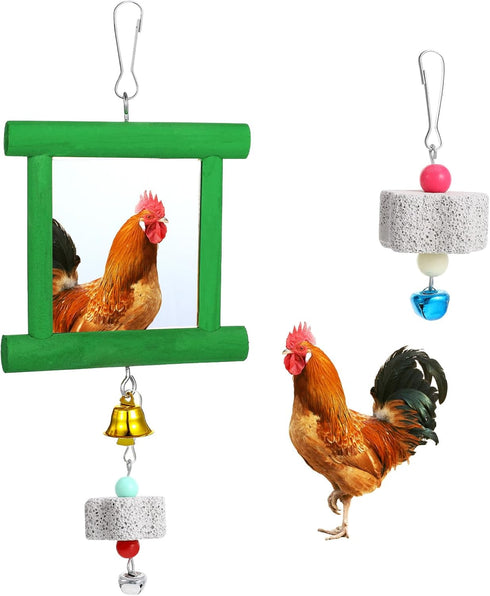 Dplolng Chicken Mirror Toys with Bells, Hanging Swing Mirror, Wooden Pecking Toy, Beak