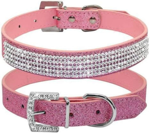 Rhinestone Dog Collar - Cute Dazzling Sparkling Leather Collar for Dog Cat, Crystal Diamond Pet Collar (S:21-27cm, Pink)