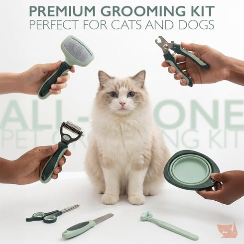 8-in-1 Set HamInWay Pet Grooming Kit for Dogs & Cats Includes Brushes, Combs, Nail Clippers & File Professional
