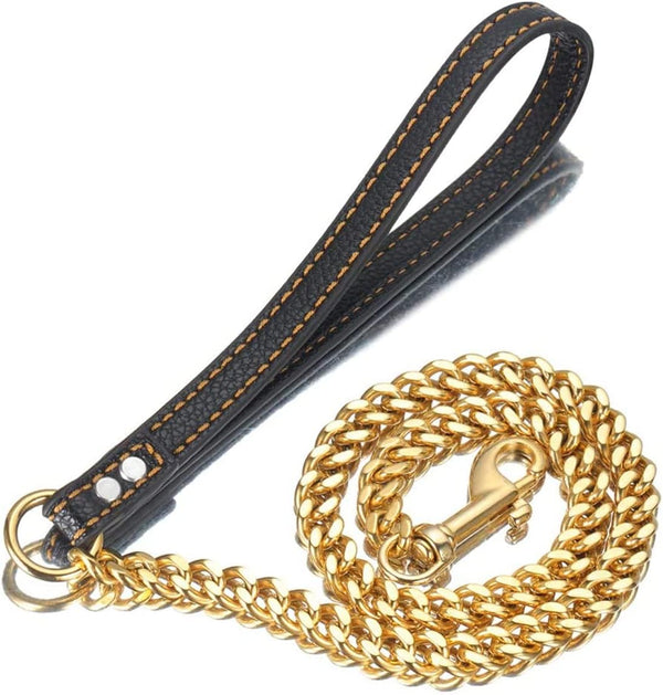 Strong Gold/Silver Dog Chain Leash, 3FT/4FT/5FT, Stainless Steel 12mm Curb Cuban Link with Genuine Leather Handle