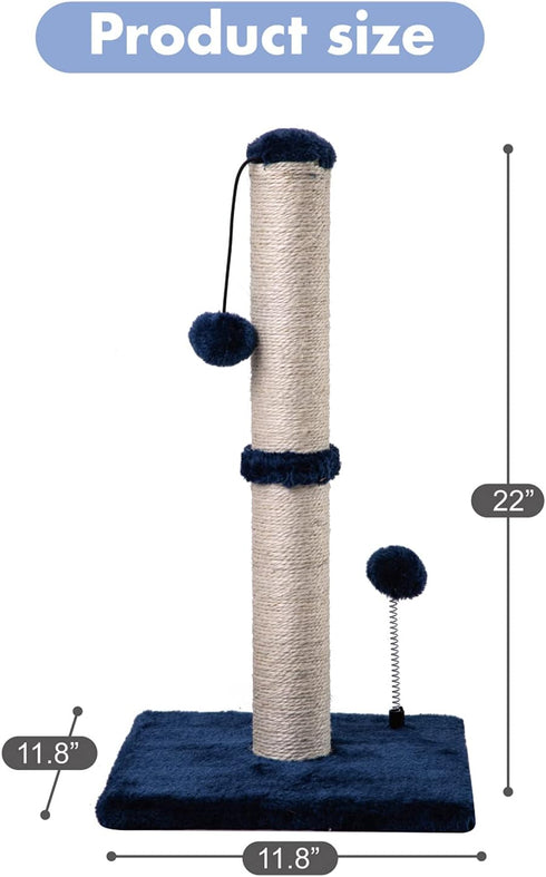 Cat Scratching Post Premium Basics, 22 in Sisal Scratch Posts with Hanging Ball for Kittens or Smaller Cats (Navy)