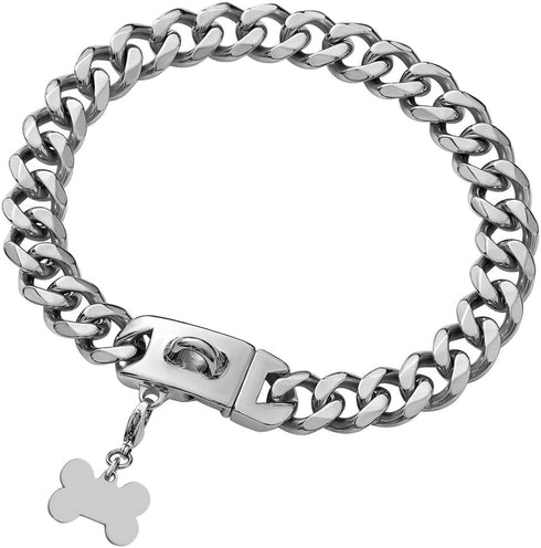 Silver Metal Dog Chain Collar with Secure Buckle & ID Tag, Strong Stainless Steel Cuban Link for Large Dogs (19MM, 26'')