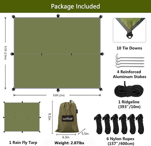 Hammock Rain Fly Tent Tarp, 32ft Long Ridgeline, 9.8x9.5ft Waterproof 210D Oxford with Guy Lines