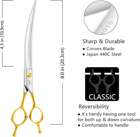 HASHIMOTO Curved Scissors for Large Dog Grooming, 8.0 inches, Professional Groomers or Family DIY Use