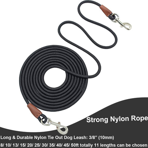 Tie Out Rope Dog Leash, Heavy Duty Nylon Check Cord for Medium Large Dogs, Indoor/Outdoor Playing (Black, 3/8" x 8ft)