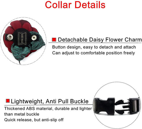 XS Female Dog Collar, Detachable Flower Cat Collar for Girl Cats with Bell Pearl Pistil Green Leaf, Soft Nylon, Red