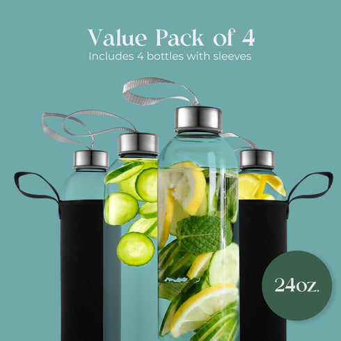 24oz Pack 4 Kitchen Lux Glass Water Bottles of Nylon Protective Sleeves, Airtight Screw Top Lids, Portable Carrying