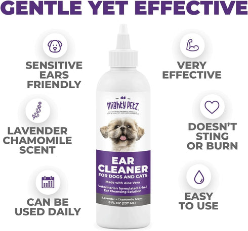 Mighty Petz Dog Ear Cleaner, Gentle Otic Cleaning Solution for Itchy Ears, 8 oz Ear Drops for Dogs and Cats