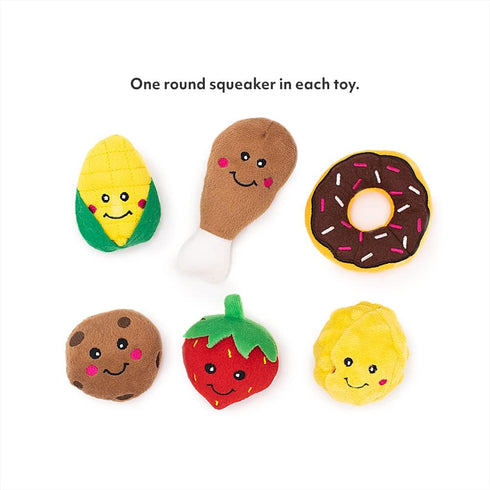 ZippyPaws Burrows Replacement Miniz Assorted Foods 6-Pack - Plush Refills for Interactive Dog Toys & Puppy Toys