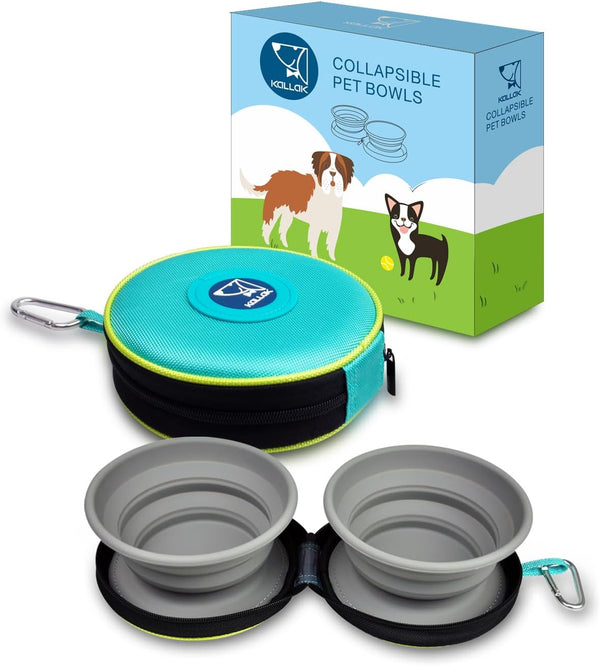 Portable 2 in 1 Pet Bowls with Zipper Carrying Case - Collapsible Double Travel Dog Bowls