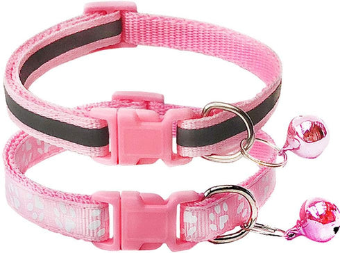 CHBORCHICEN 2-Pack Adjustable Cat Collar with Bell, Footprint & Reflective Design for Dogs and Cats (X-Small, Pink)