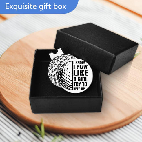 I Know I Play Like A Girl Golf Ball Marker with Magnetic Hat Clip, Funny Golf Gift for Women