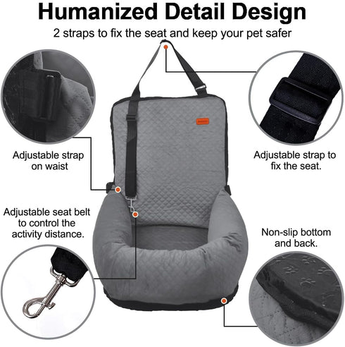 40lbs, Dog Car Seat for Small Medium Dogs Up to Detachable Washable Soft Pet Booster Travel Bed for Front & Gray Seat