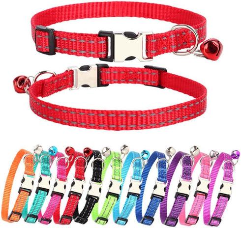 Red Cat Collar with Bells - Reflective Nylon Metal Buckle Extra Small Puppy Collar with Bell for Tiny Male Dogs and