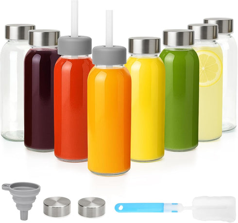 Zukro Glass Juice Bottles 10.5 oz, 8 Pack Reusable Small Clear Water