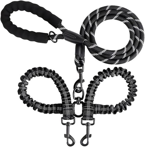 Double Dog Leashes Rope, Reflective with Two Shock Absorbing Bungee Training Leashes for Two Dogs, 360 Swivel