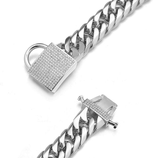 Heavy Double Cuban Link Chain Dog Collar, Stainless Steel Silver for Medium Large Dogs, Waterproof, Chewproof, Luxury