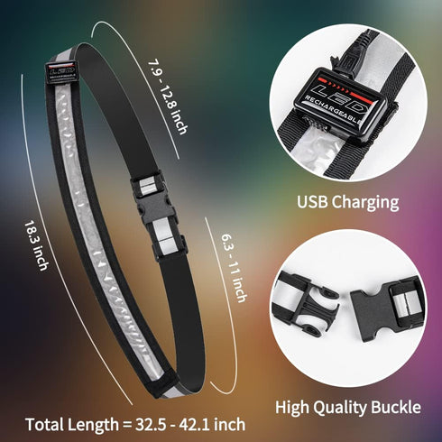 LED Reflective Running Gear, High Visibility Reflective Belt Sash with USB Rechargeable Safety Light for Night Running