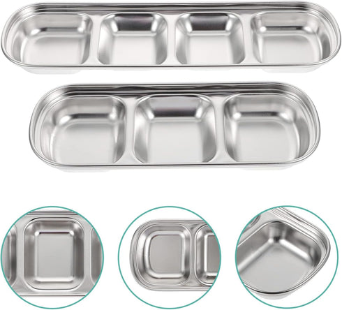Compartment Pet Tray Food Bowls - 2pcs Stainless Steel Divided Pet Dishes for Kitten Small Dogs Food Water Feeder