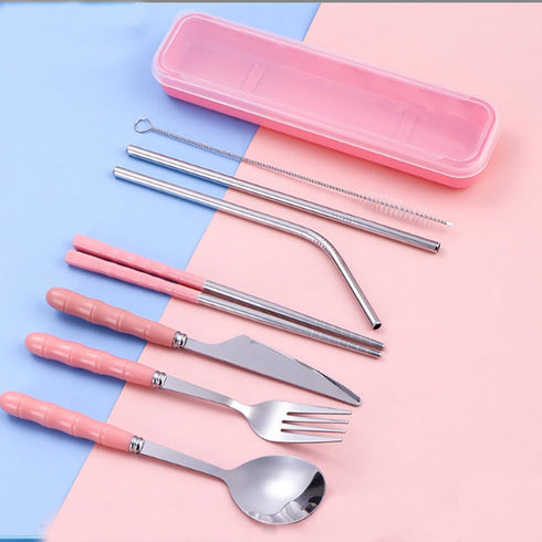 Facune 4 Colors Portable Travel Utensils with Case, Reusable Stainless Steel Cutlery Include Knife Fork Spoon Straw