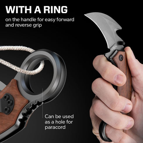 Pocket Karambit Knife with Wood Handle Clip, 440C Steel Sharp Raptor Claw Blade for Camping EDC