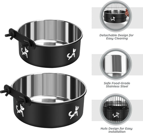 Crate Water Bowl No Spill, 2 Pack Hanging Dog Bowls for Kennel, Kennel Water Bowls Mountable, Dog Food Bowls for Crates, Large Stainless Steel Pet Cage Accessories Feeder Dish for Cat Puppy Bunny