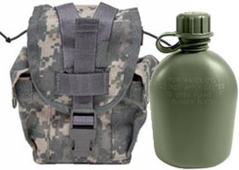 Never Issued U.S. G.I. 1 Quart Olive Drab Military Canteen with Previously Issued U.S. G.I. 1 Quart ACU MOLLE Pouch
