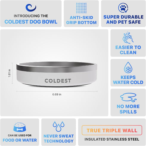 Coldest Dog Bowl, Anti Rust Metal & Non Slip, Heavy Duty Insulated Dog Bowl, 21 oz, Epic White